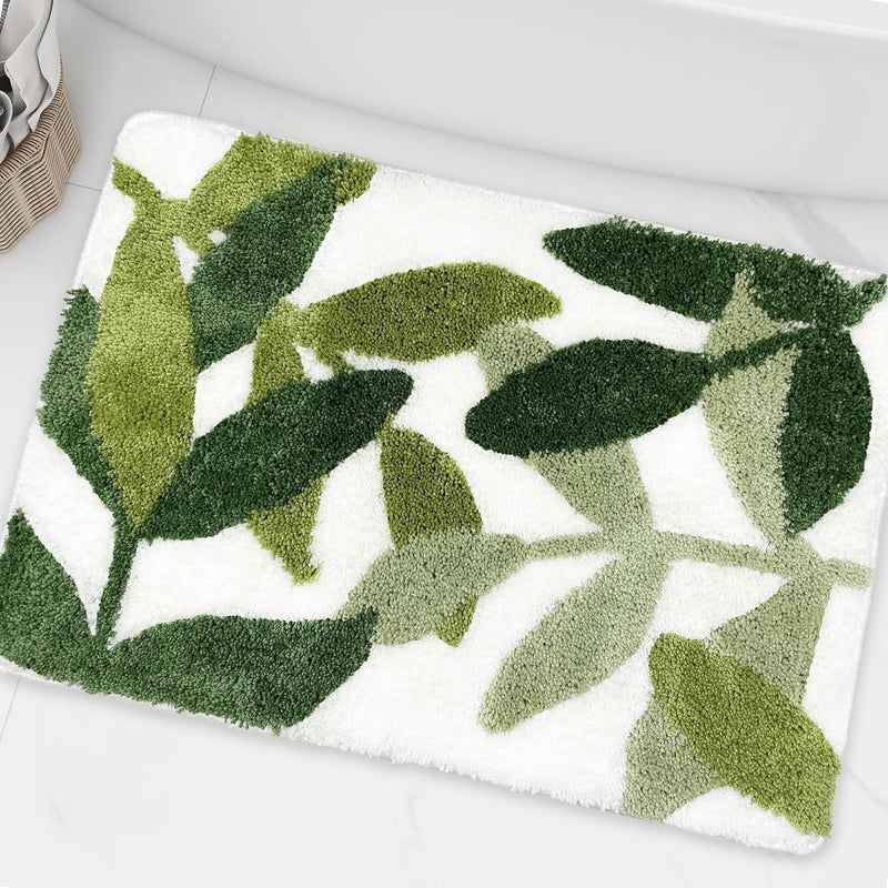 ZebraSmile Bathroom Rugs - 31.5 X 19.5IN Bath Mat Green Leaves Microfiber Strong Water Absorbent Non Slip Back Cute Rug for Bathroom - Image 1